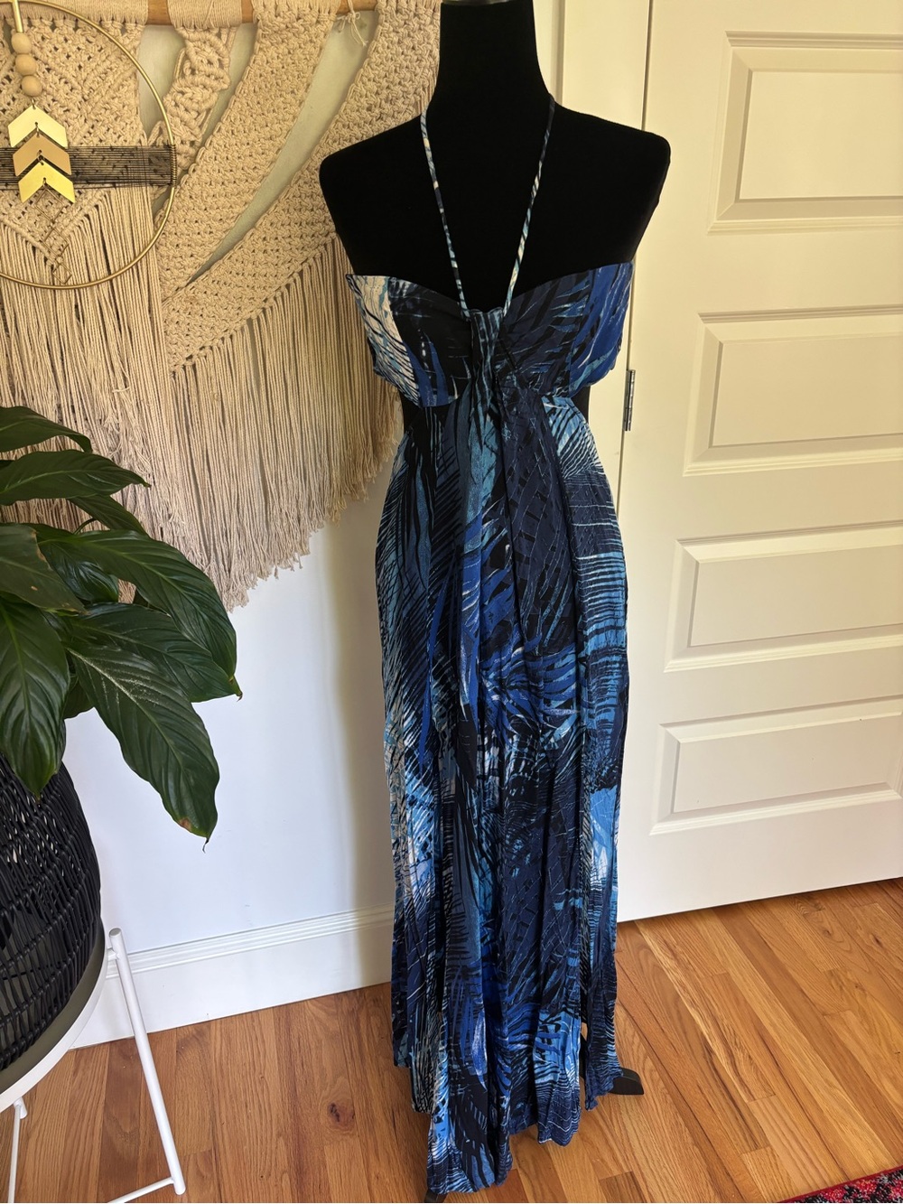 Strapless Blue Tropical Print Maxi Dress